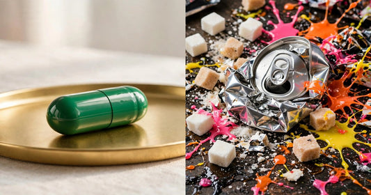 Split comparison: a single green capsule on gold versus a crushed energy drink can surrounded by sugar cubes | Lucky Dose