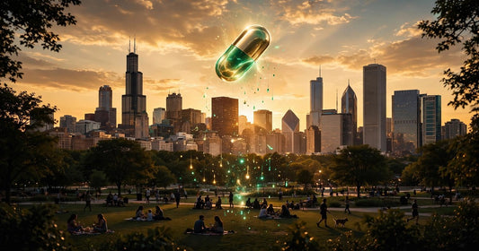Chicago skyline at golden hour with a glowing green and gold capsule motif above a park community gathering | Lucky Dose