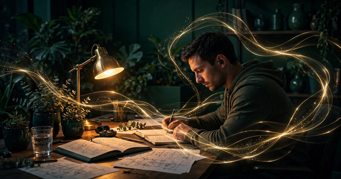 Night-shift worker focused at a desk late at night with warm golden light trails, representing clean energy for long work shifts | Lucky Dose