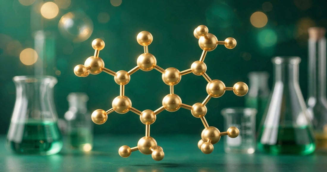 Golden theacrine molecule structure floating in a green laboratory setting | Lucky Dose