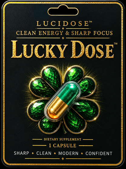 Lucky Dose energy capsule blister pack front with gold clover