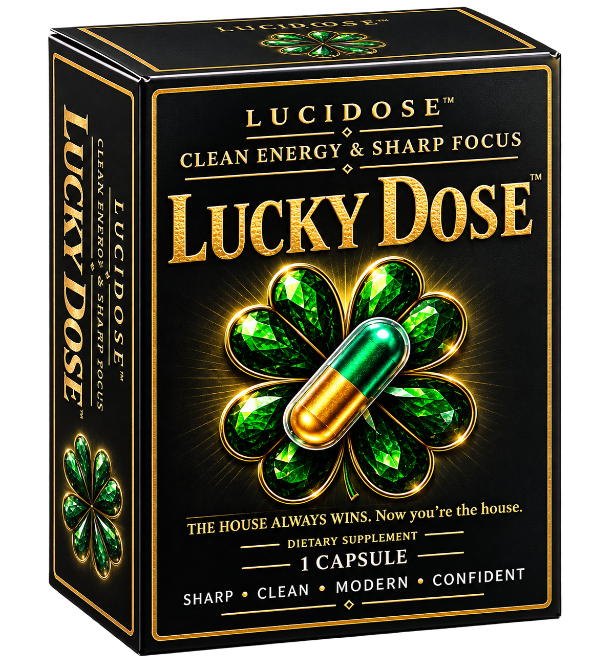 Lucky Dose 5 pack 3D box, black and gold energy supplement packaging