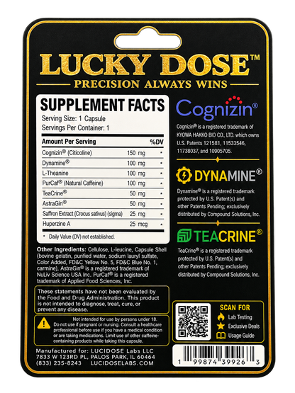 Lucky Dose supplement facts label showing Cognizin, Dynamine and TeaCrine doses