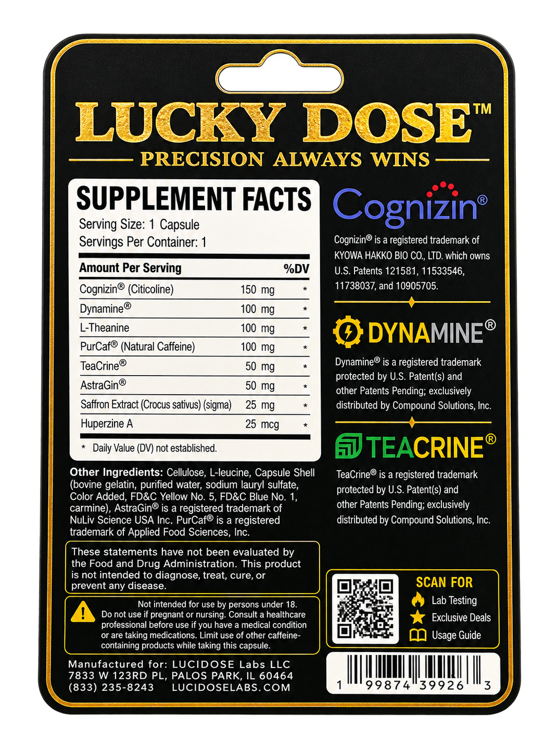 Lucky Dose 10 pack supplement facts label with full ingredient doses