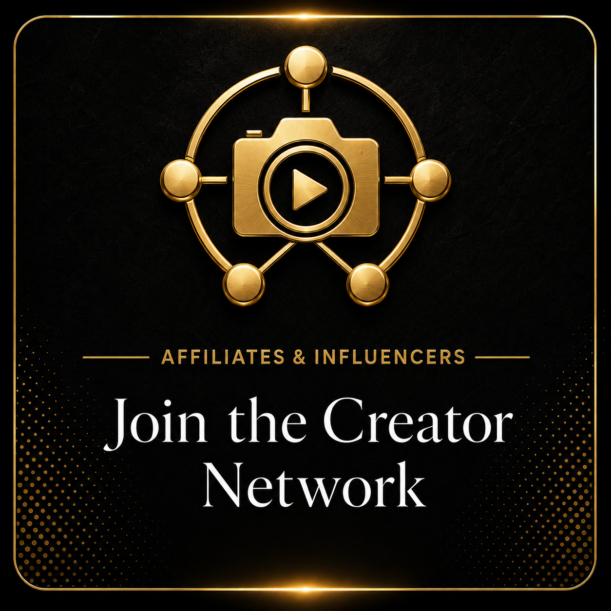 Affiliates and influencers creator network graphic with a gold camera and network icon promoting Lucidose partnership opportunities.