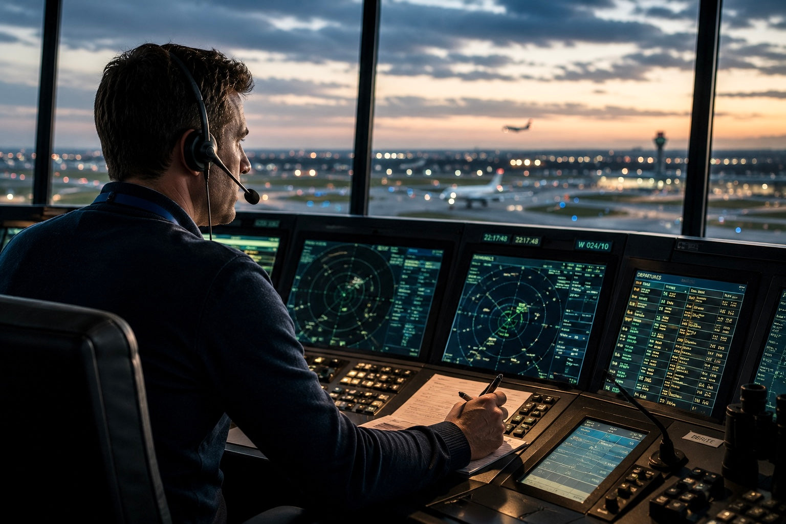 An air traffic controller wearing a headset at a glowing radar console, focused on managing flights through the window of an airport tower at sunset.