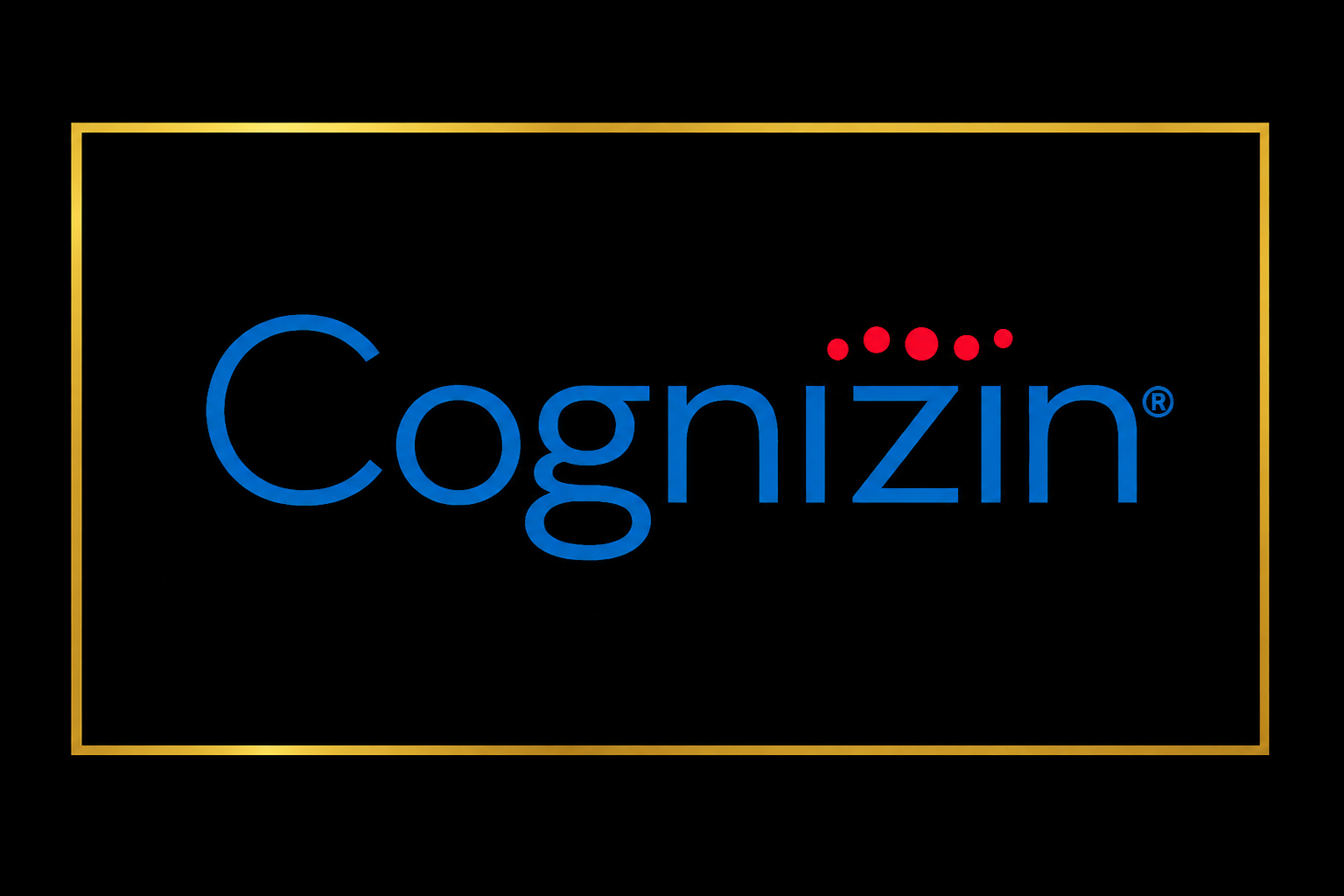 Cognizin brand logo used for premium supplement ingredients. The logo displays blue text with distinctive red dots on a dark black background enclosed within a thin gold rectangular frame.