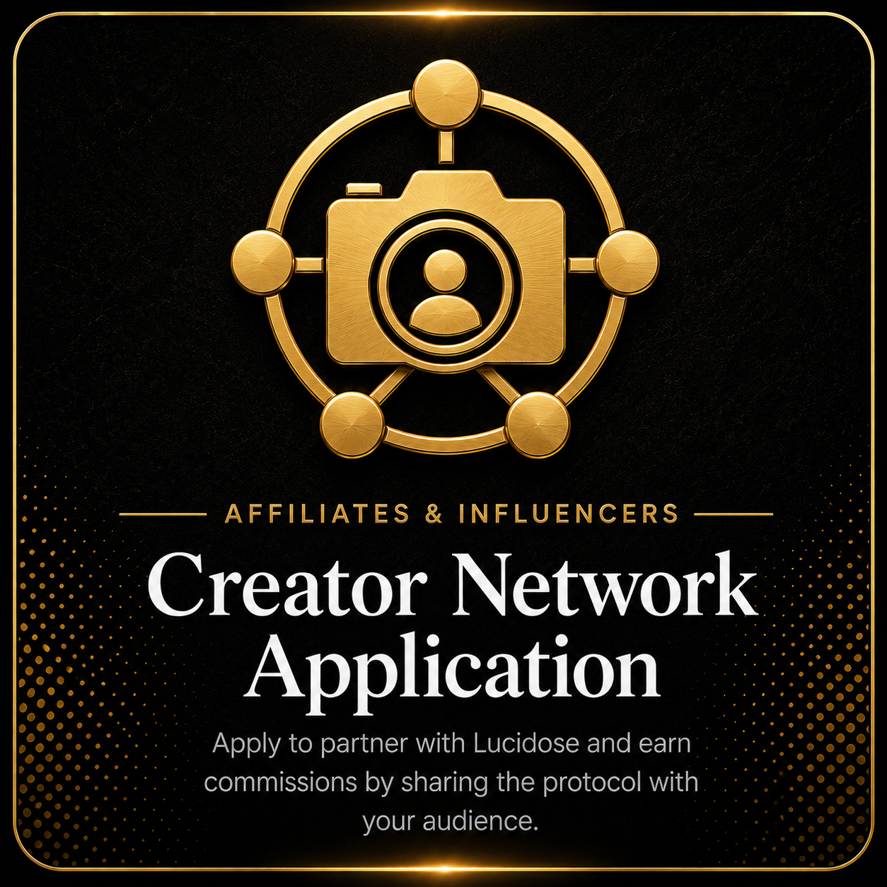 Gold creator network camera icon for Lucidose affiliate and influencer application.