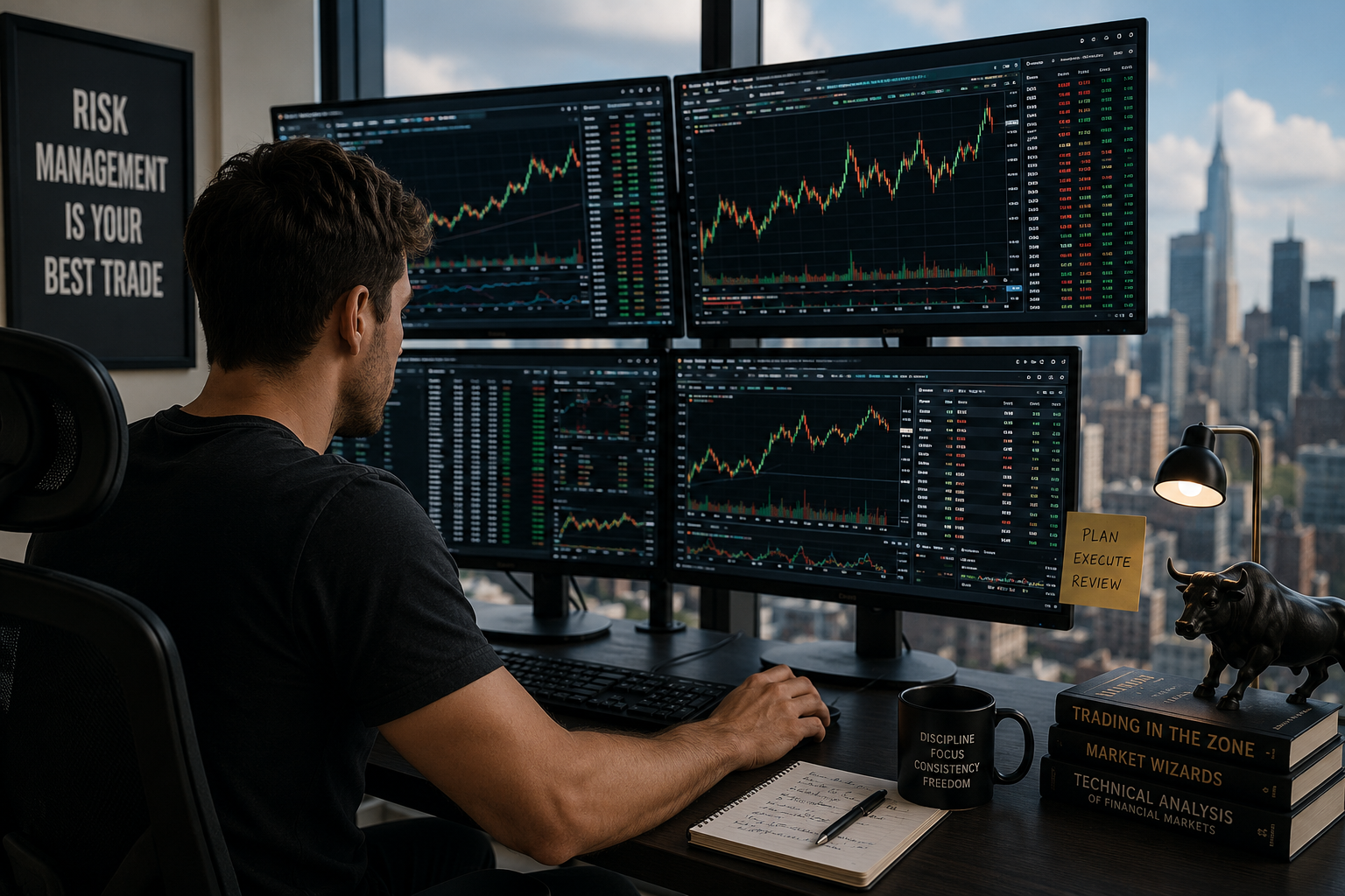 Day trader at a high-end multi-monitor desk analyzing stock market data, representing the ultimate focus and energy needed for trading.