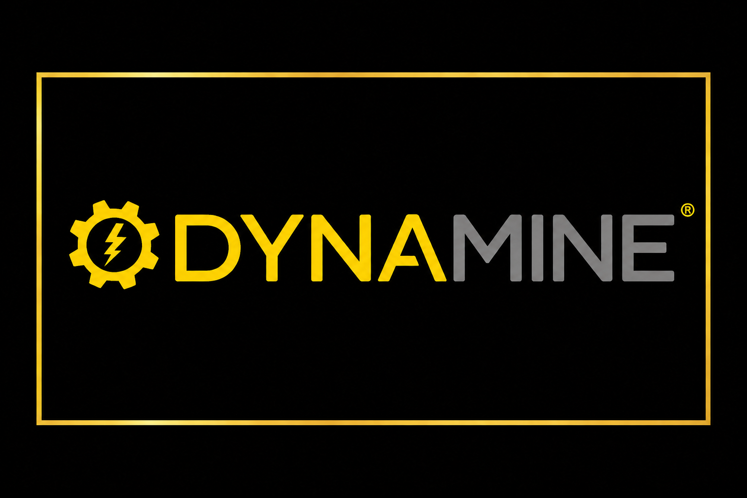 Official Dynamine logo featuring a yellow gear icon with a lightning bolt inside, followed by the word "DYNAMINE" in yellow and grey text, set against a solid black background with a thin gold border