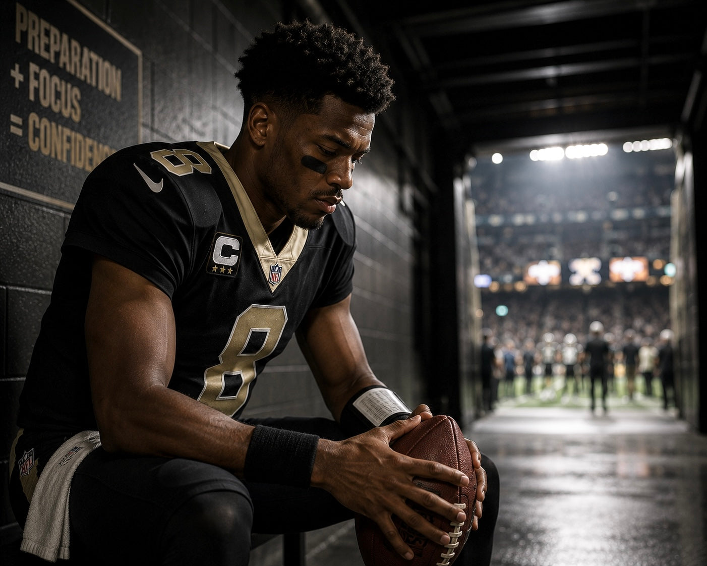An American football quarterback sitting in a stadium tunnel holding a football, mentally preparing before kickoff next to a wall sign reading focus and confidence