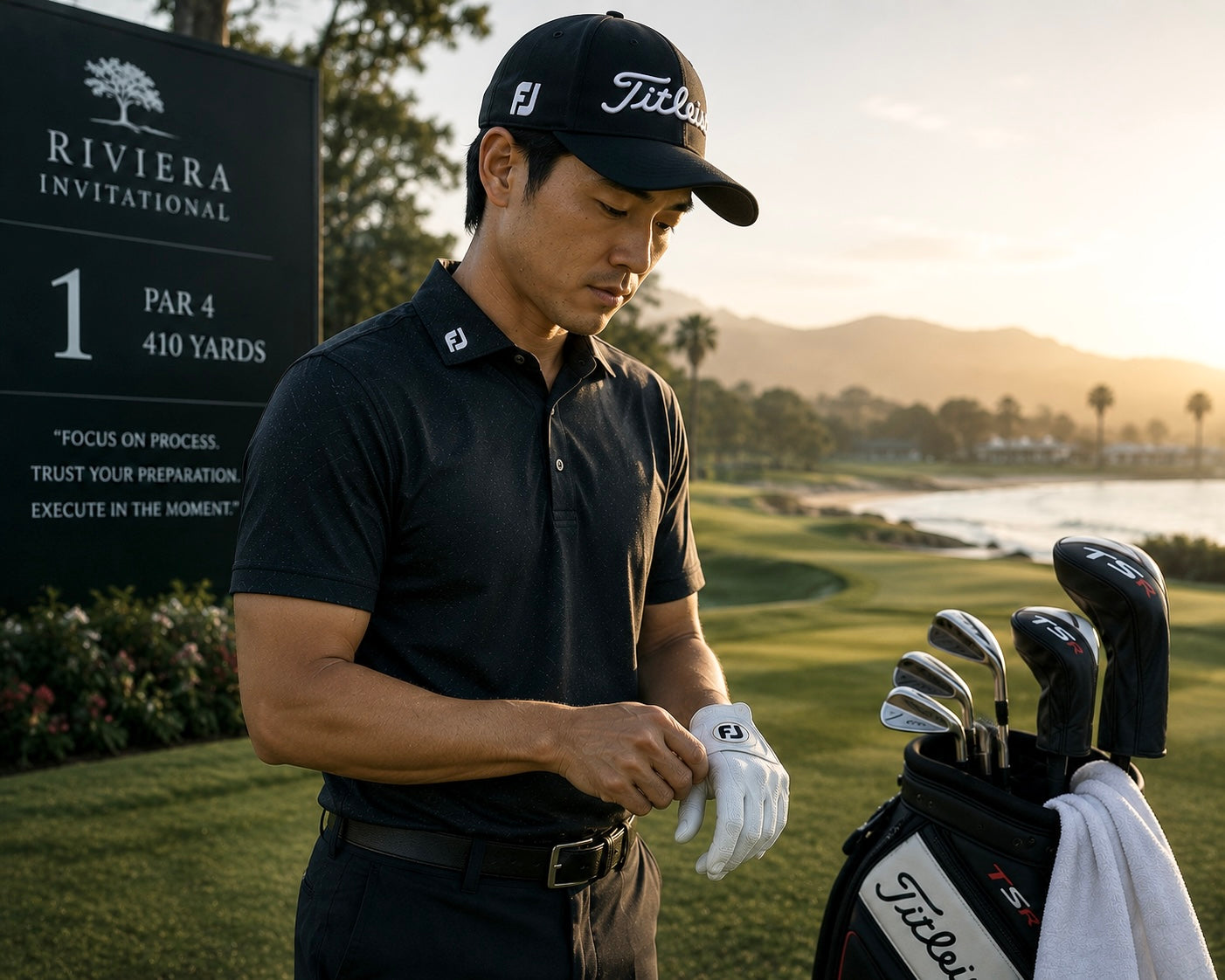 A focused male golfer adjusting his glove next to his golf bag before teeing off, with a tournament sign emphasizing mental preparation in the background.