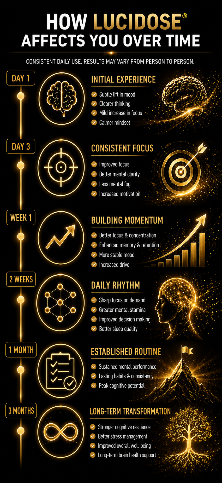 Infographic timeline for Lucidose showing benefits over time: Day 1 (Initial Experience: mood, clarity), Day 3 (Consistent Focus: less fog, motivation), Week 1 (Building Momentum: memory, drive), 2 Weeks (Daily Rhythm: stamina, decision making), 1 Month (Established Routine: sustained performance), and 3 Months (Long-Term Transformation: resilience, stress management).