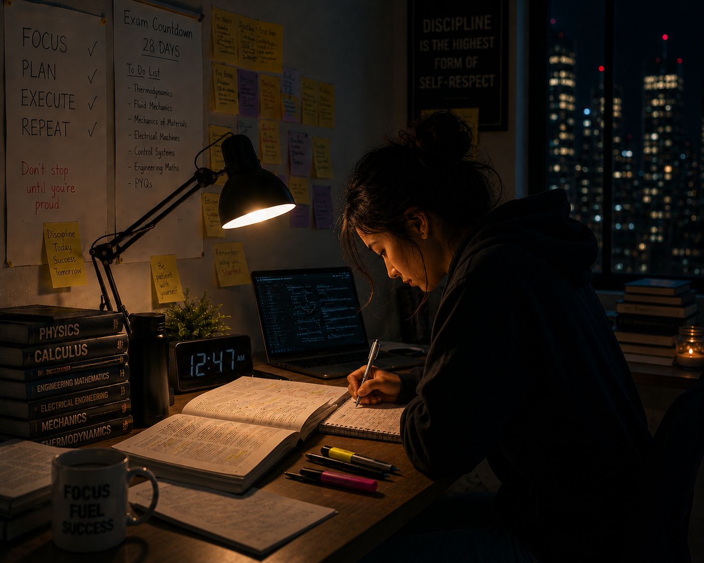 A young woman intensely studying late at night for university exams. The cozy desk setup includes open textbooks, highlighters, a digital clock reading 12:47, and a laptop open to lines of computer code, representing high-level cognitive focus and academic drive.