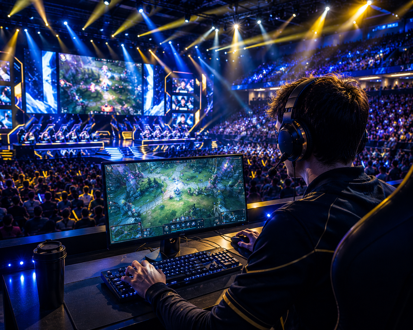 A professional competitive gamer analyzing strategic live gameplay from a tournament stage. The premium setup highlights a mechanical keyboard, mouse, and gaming headset, representing maximum mental focus, quick reflexes, and cognitive clarity under pressure.