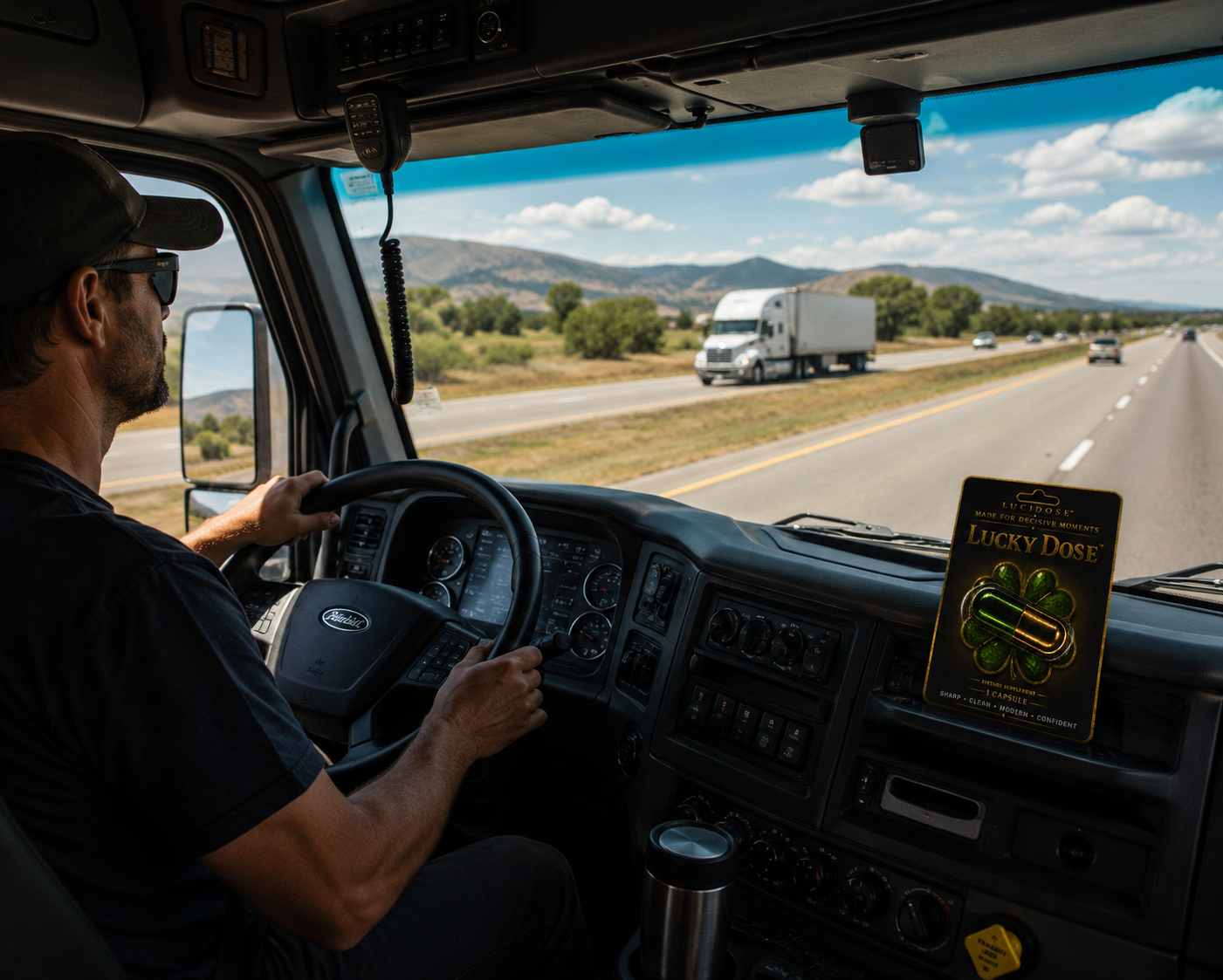 A commercial truck driver maintaining focus on a sunny highway from inside the semi cab. The image captures the detailed dashboard, steering wheel, and a premium "Lucky Dose" brand item placed on the dash, highlighting mental clarity and alertness for long-haul driving.