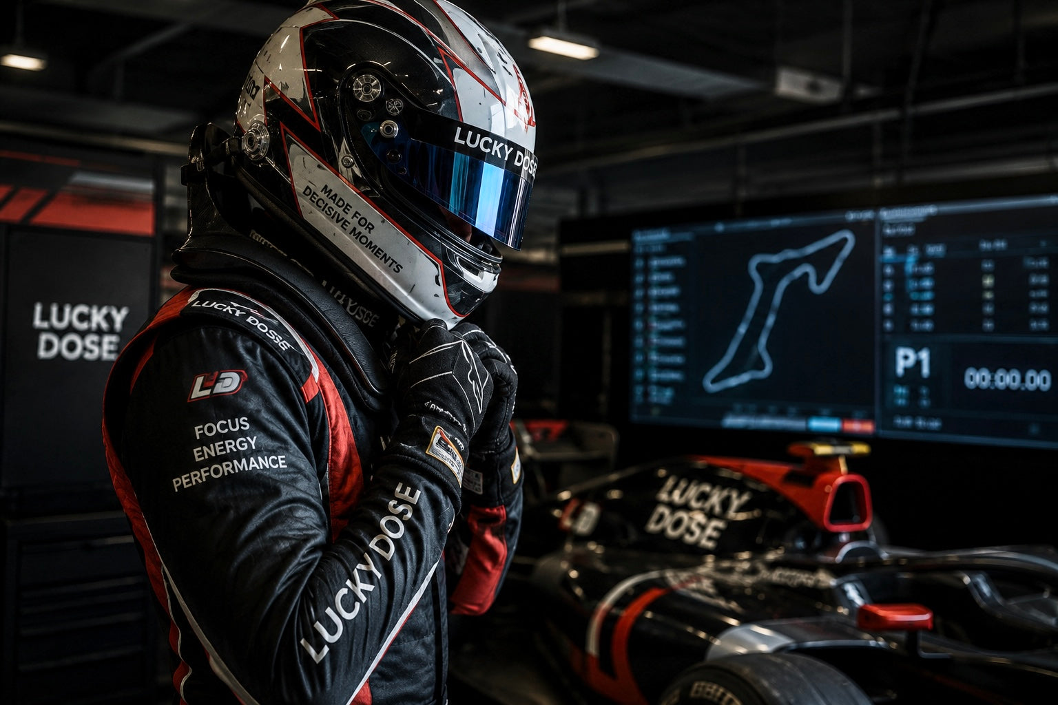 A Formula racing driver adjusting their helmet in the pit lane next to a racecar, featuring premium LUCKY DOSE branding on the racing suit, helmet, and car.