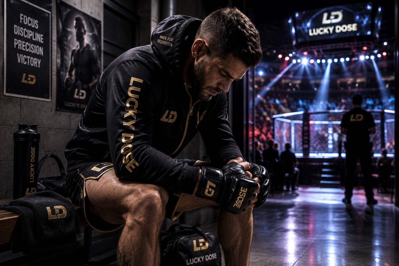 An MMA fighter in black and gold LUCKY DOSE apparel sitting backstage, mentally preparing for a fight with an arena cage and brand jumbotron visible in the background.