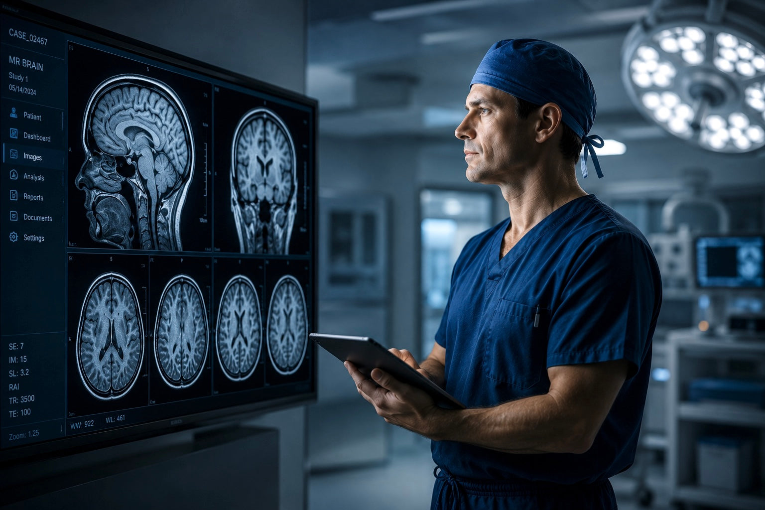 A male surgeon in blue scrubs examining detailed brain scans on a monitor in a high-tech operating room, representing neuro-clarity and focus by Lucidose Labs.