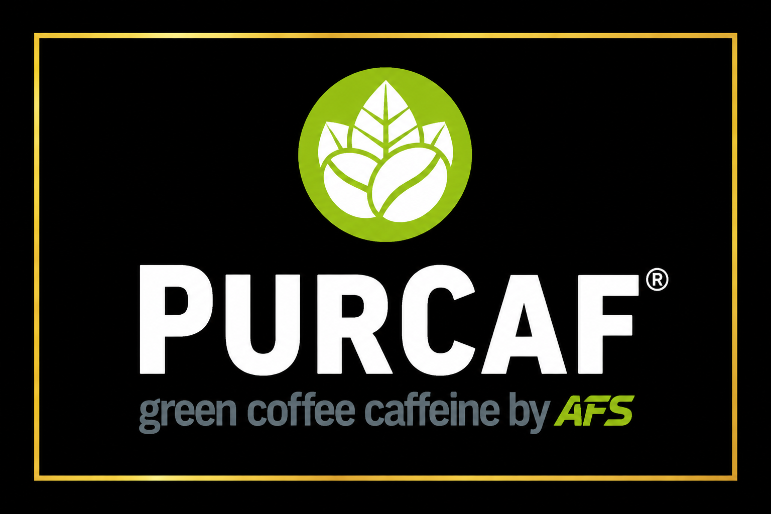 Official PurCaf logo featuring a circular green icon with white coffee beans at the top, the word "PURCAF" in bold white text in the center, and the tagline "green coffee caffeine by AFS" in green and white below, all on a black background with a thin gold border.