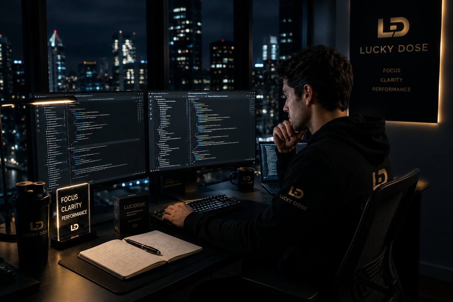 A software engineer sitting at a desk at night, analyzing code on dual monitors with a city skyline view in the background.