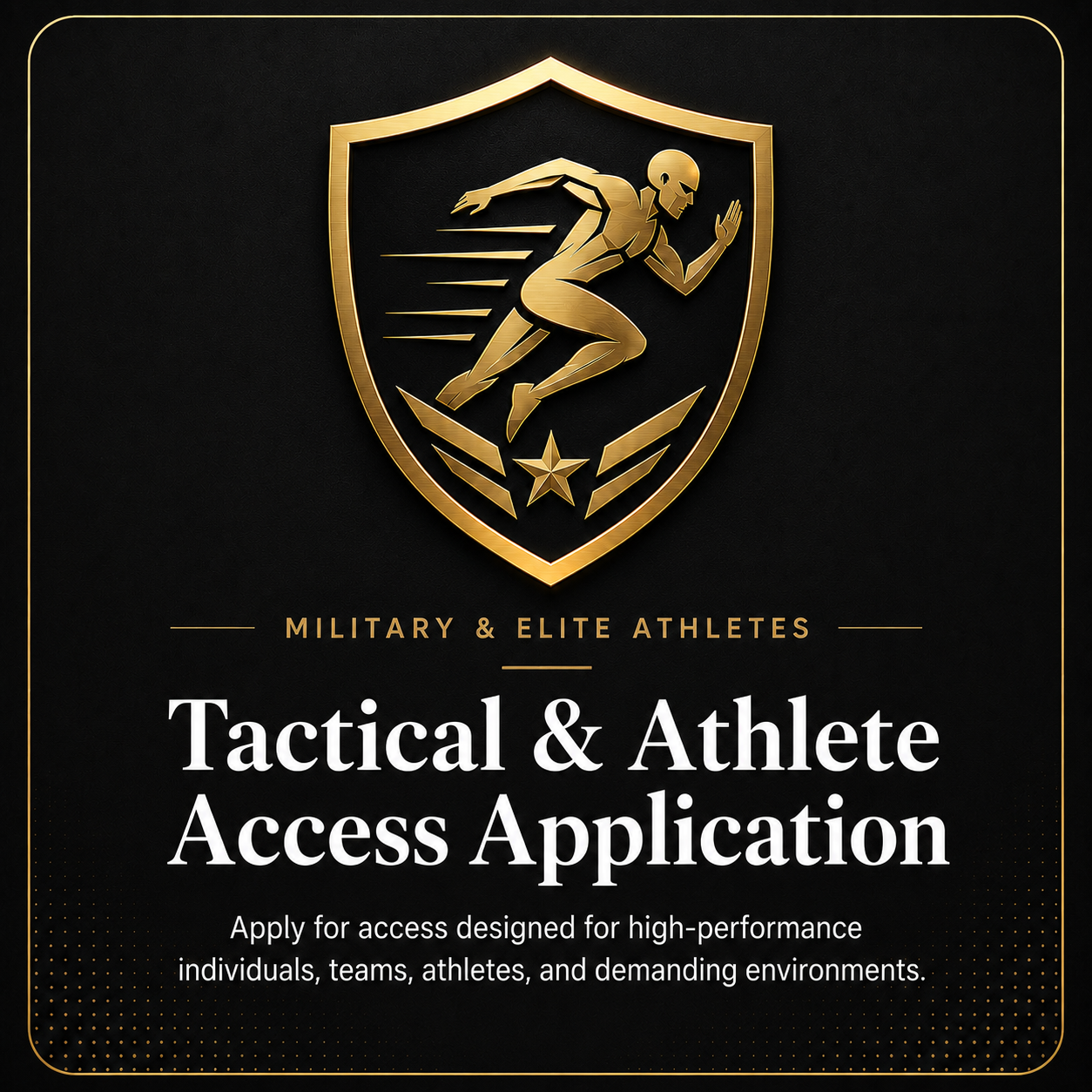 Gold shield runner icon for Lucidose Tactical & Athlete Access Application for athletes, teams, and demanding environments.