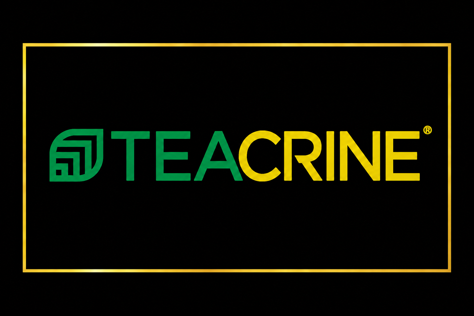 TeaCrine ingredient brand logo. Displays a stylized green leaf symbol alongside the text "TEACRINE" in a split green and yellow color scheme, framed by a thin gold border on a dark black background.