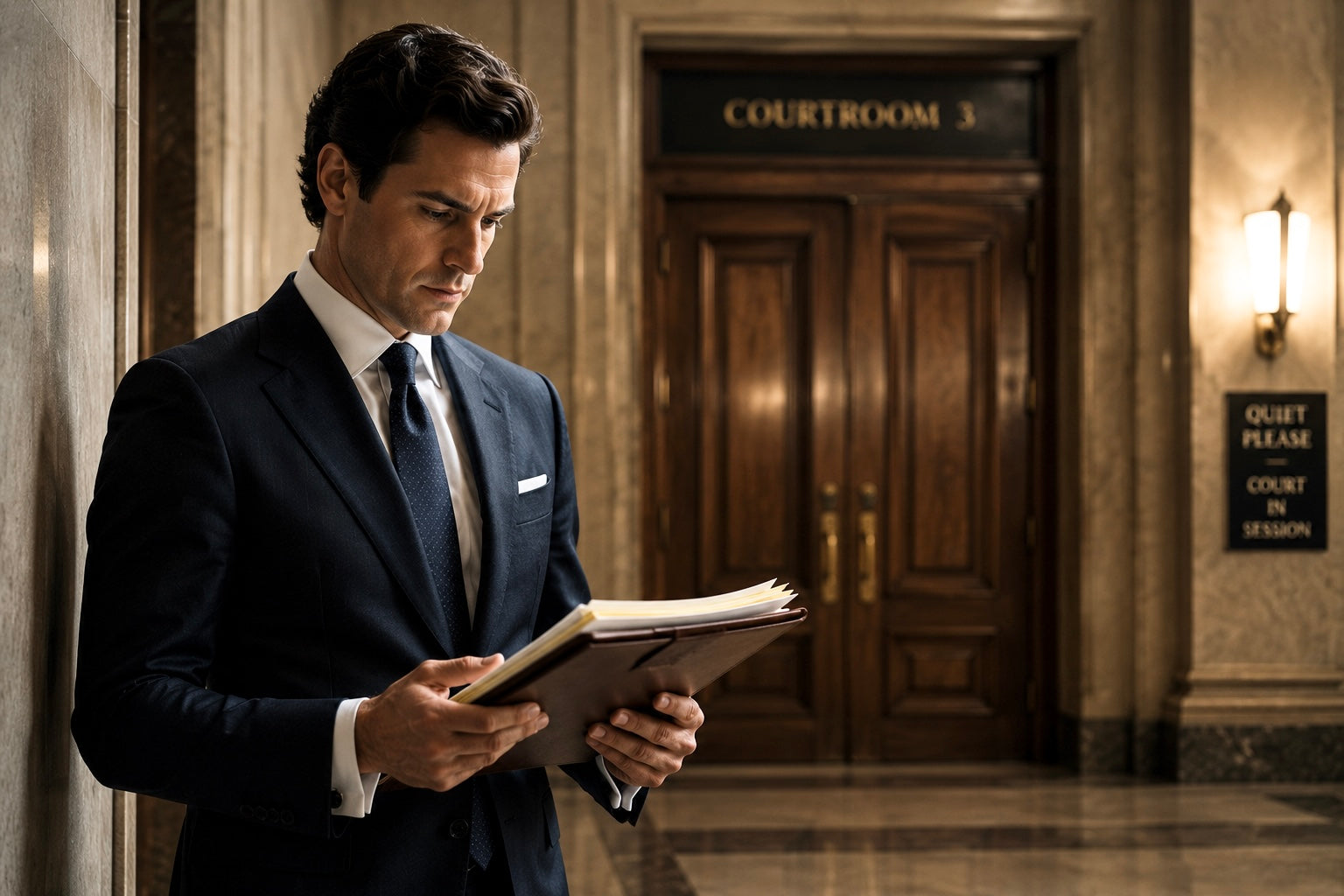 Trial lawyer reviewing legal documents outside a courtroom.